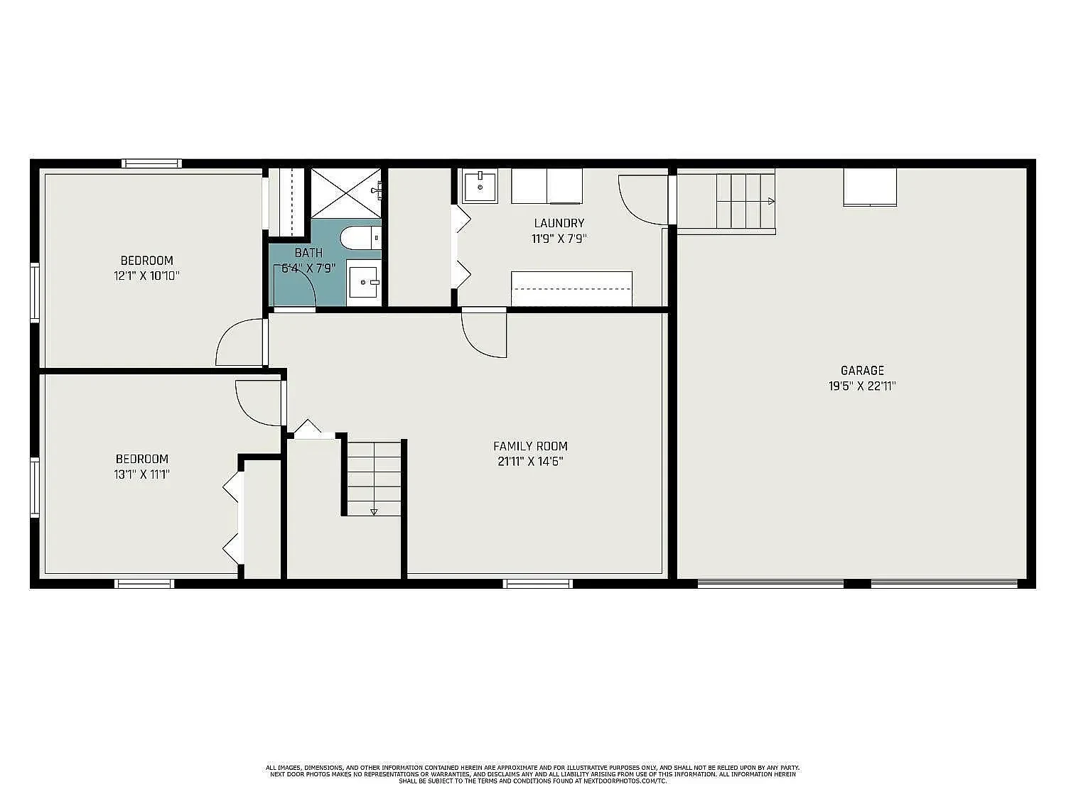Lower-level floor plan with family room, bedrooms and garage