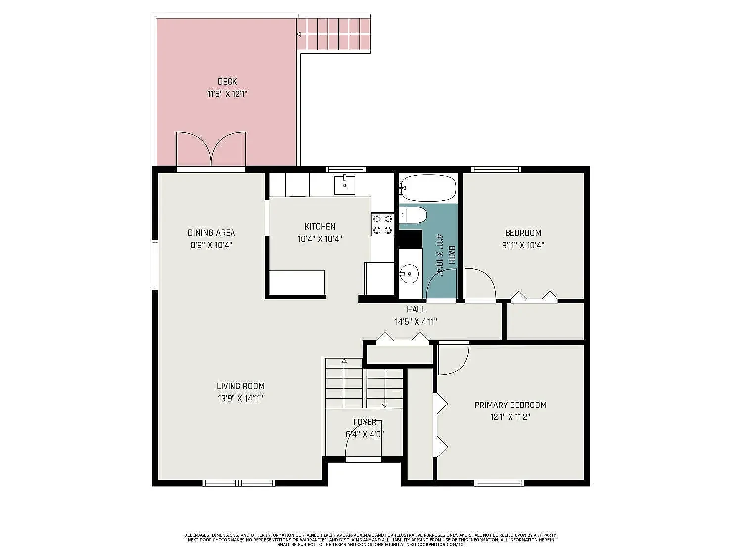 Main-level floor plan with kitchen, living area and bedrooms
