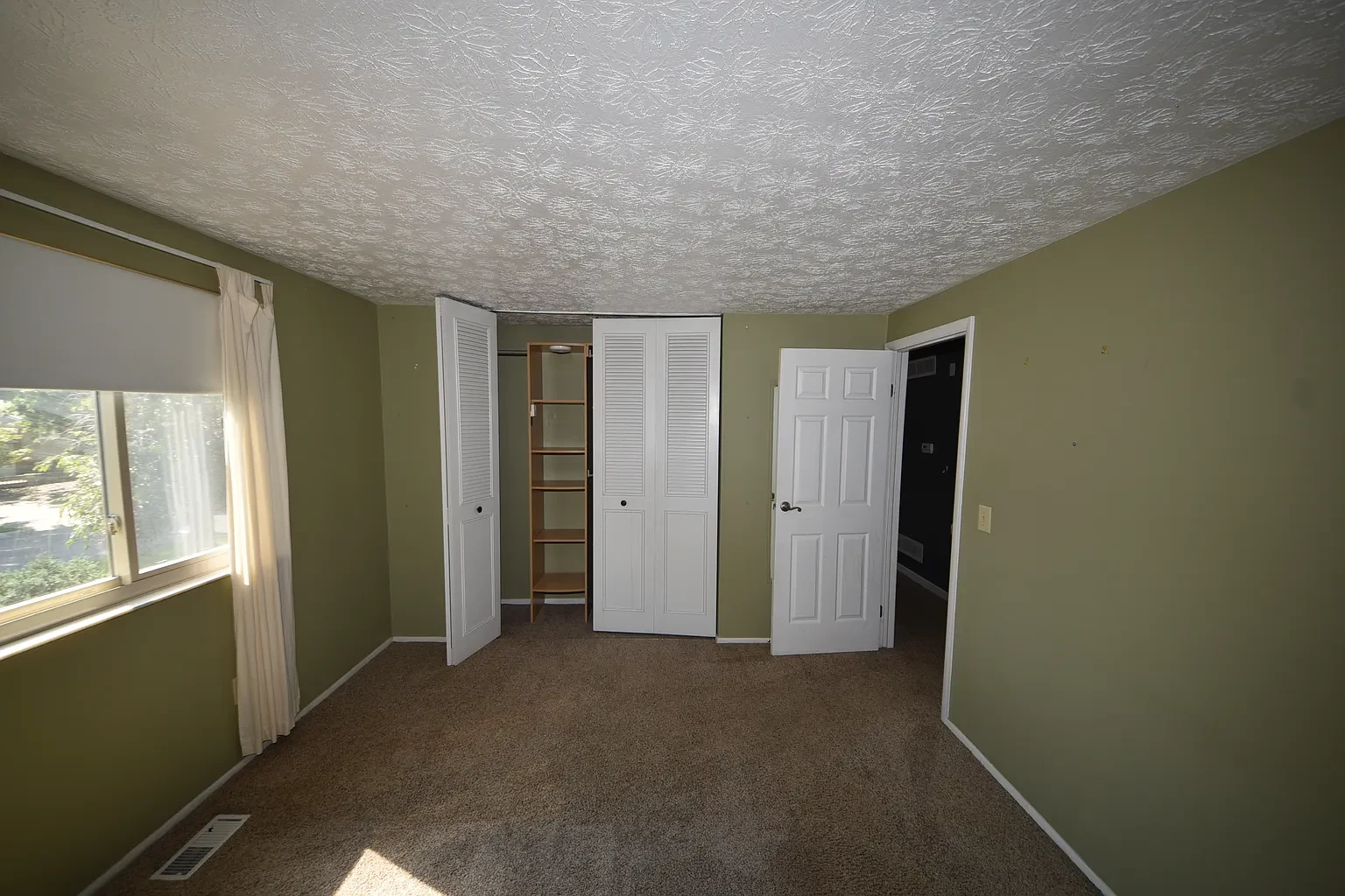 Bedroom with green walls, window and open closet