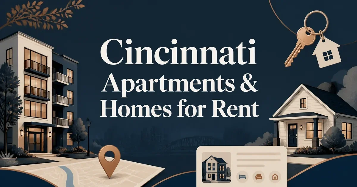 Illustrated title card for Cincinnati Apartments and Homes for Rent with generic apartment and home illustrations.