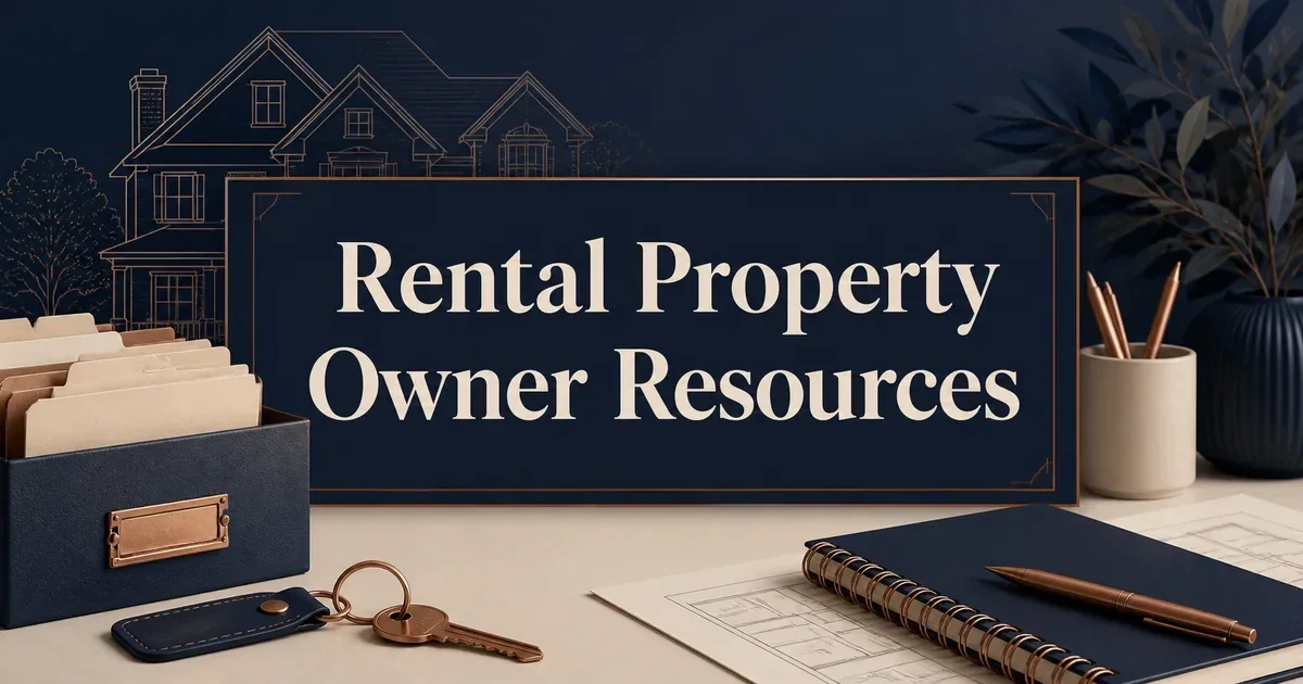 Illustrated title card for Rental Property Owner Resources with a generic home, property files, notebook, and key.