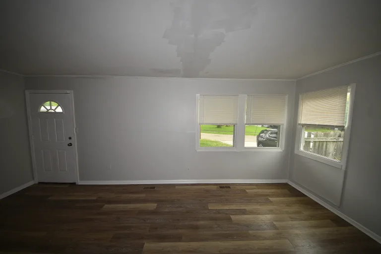 Living room with gray walls and wood-look flooring